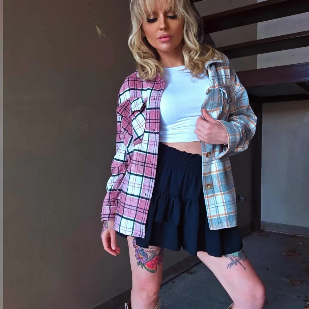 Pink And Gray Color Block Plaid Shacket - Picture 2 of 8